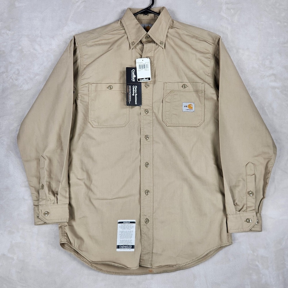 Carhartt FR Shirt Mens Small Beige Flame Resistant Button Up Workwear FRS159 KHI